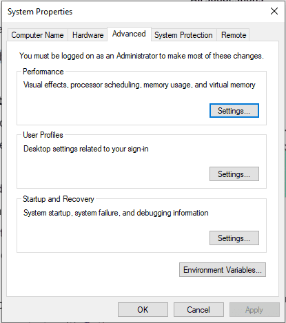 Widows 10 Environment Variable Settings