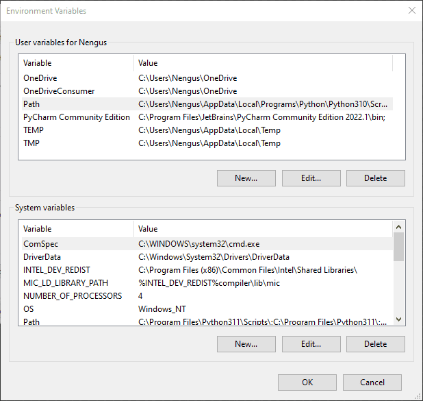 Widows 10 Environment Variable Settings